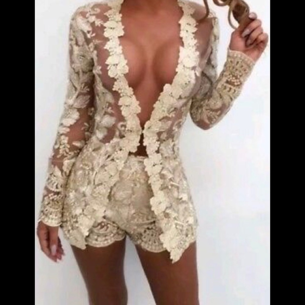 Nude Lace Sheer Set Playsuit morning Small
